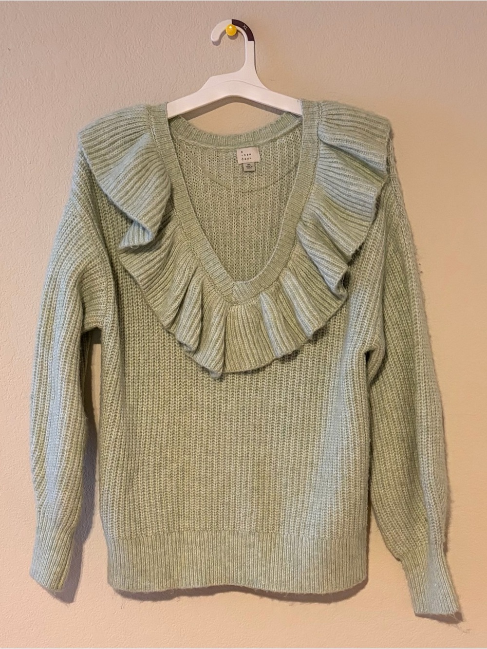 A New Day Mint Green Ruffle V-Neck Knit Pullover Sweater